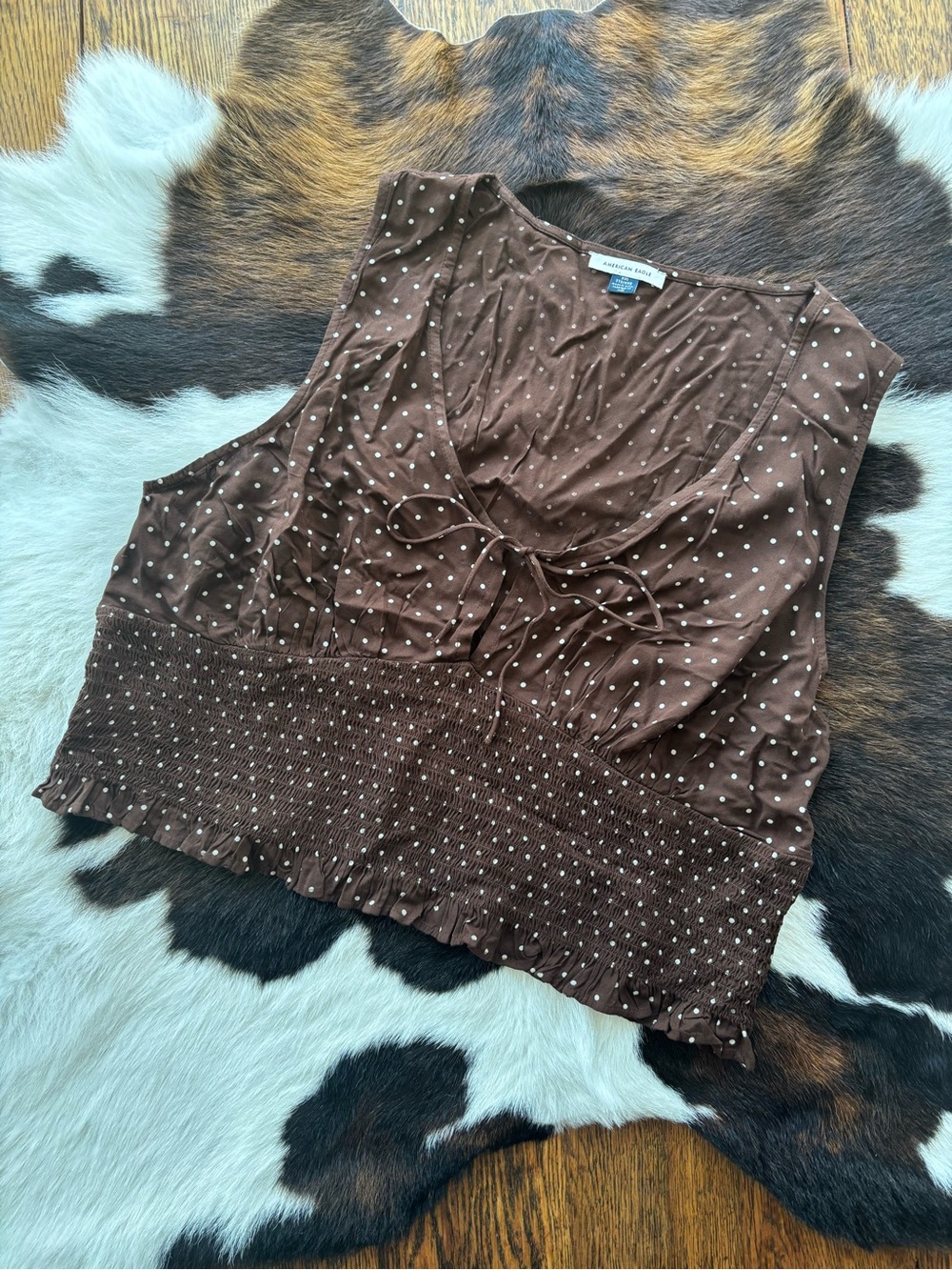 American Eagle Outfitters Brown Polka Dot Cropped Smocked Tank